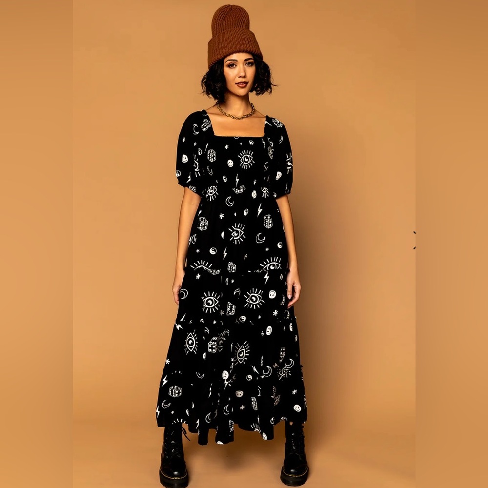 Dressed in LALA Black Midi Dress with White Celestial Print